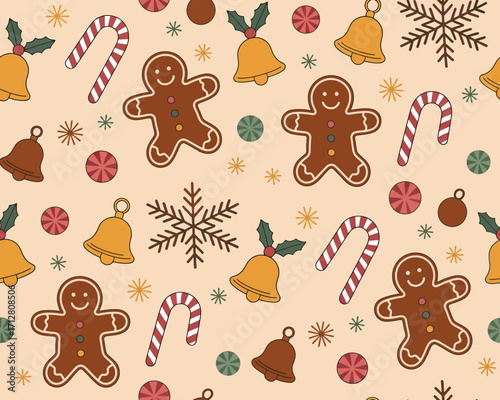 Festive christmas banner with gingerbread candy canes and bells