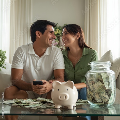 Smiling Couple Reviews Finances with Piggy Bank and Savings Jar.