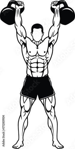 Silhouette kettlebell exercise pose, strength training workout, fitness bodybuilding routine, gym sport weightlifting, muscle building health, endurance power conditioning posture balance