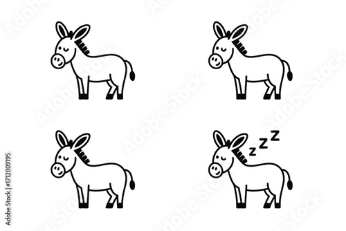 Minimalist black and white donkey icon set for diverse applications