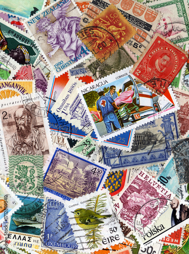 A large world foreign postage stamp collection background, philately stock photo image 