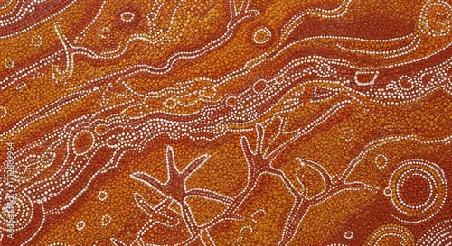 An intricate, earthy artwork showcases a vibrant landscape using a dot painting technique.