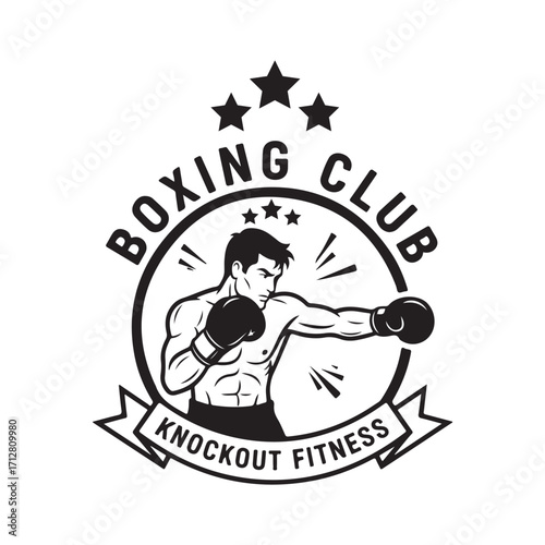 Black and white boxing club logo with fighter boxer