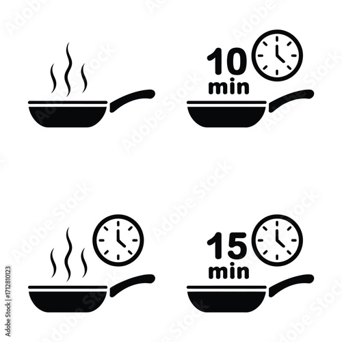 Minimalist black and white cooking time icons set featuring frying pans with steam and clock symbols in 2x2 grid vector illustration