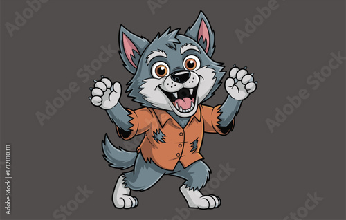 Cute cartoon werewolf character illustration with playful expression, fangs, furry costume, and torn shirt, perfect for Halloween party, kids clipart, and spooky designs