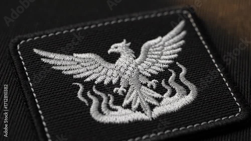 Embroidered Phoenix Patch on Black Fabric - Close-up view of a detailed silver phoenix embroidered patch sewn onto black fabric. The patch is square with a visible stitch around the edge.