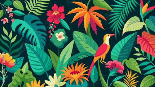 A tapestry of lush greenery with pops of vibrant fuchsia turquoise and tangerine from exotic flowers and tropical birds.