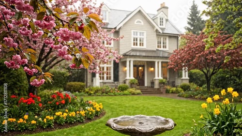 Spring Rain on Blooming House Garden - A beautiful house is adorned with blooming trees and flowers in the spring rain. A birdbath sits in the foreground of a lush, colorful garden.