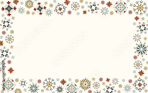 Vector horizontal festive banner with Scandinavian snowflakes and folk motifs. Cozy nordic Christmas frame with ornaments and copy space for greeting card, invitation, holiday decor. Winter border