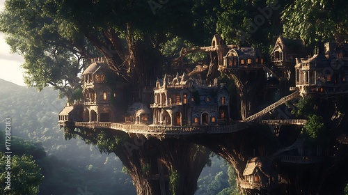 Enchanting elven village built among ancient trees in a misty forest
