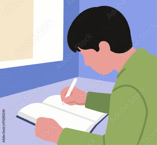 The image shows a person writing in a notebook under a desk lamp, focusing on study with books stacked nearby.
