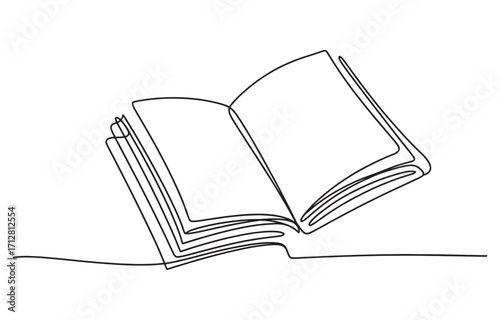 Single line drawing of open book with abstract swirl element learning concept vector