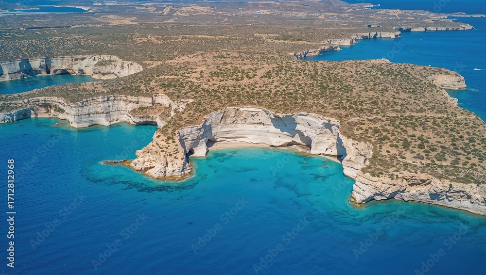 Naklejka premium Aerial view of a beach featuring white rocky cliffs surrounded by deep blue waters.