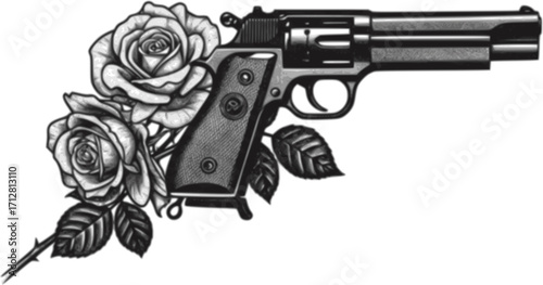 monochrome vector gun and rose flower in mezzotint photocopy effect, for grunge punk y2k collage design. weapon flowers retro elements. brutalist vintage illustration music poster