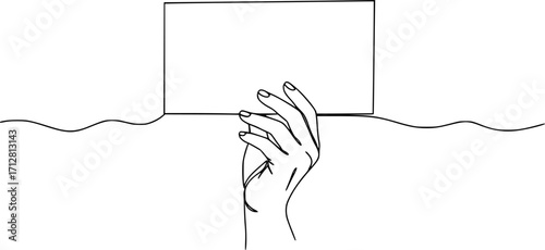 One continuous line drawing of hand holding a board rectangle. Doodle outline vector illustration

