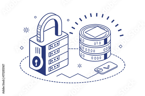 Digital security padlock and data server isometric illustration