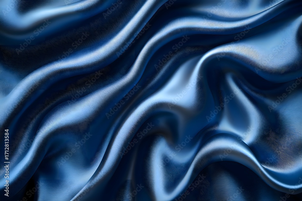 Fototapeta premium A close up of rippled blue satin fabric with soft shadows and highlights creating depth