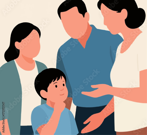 A boy is surrounded by three adults, who are presumably his family. He is the central focus, looking up thoughtfully with his hand on his chin. The adults are all looking down at him. 