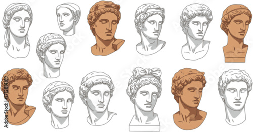 Diverse collection showcasing multiple antique sculpture heads in line art style capturing the grace and essence of art history.
