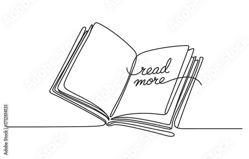 Open book drawn with single continuous line showing pages and string unwinding vector