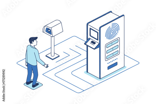 Person interacting with biometric security scanner and camera