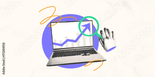 Business growth concept art collage banner template. Halftone hand with magnifier and laptop with rising arrow chart on screen, business analysis and strategy. Trendy modern retro vector illustration