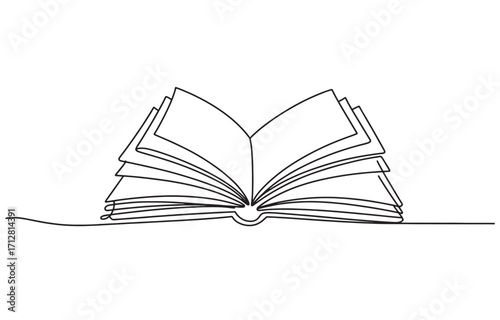 Single line drawing of open book with abstract swirl element learning concept vector
