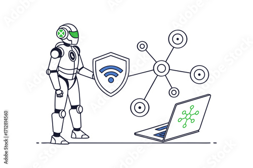 Robot protecting network with shield and laptop android