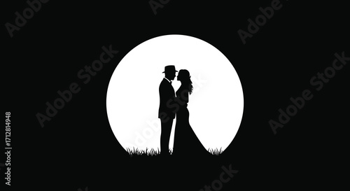 Romantic couple embracing against a bright moon a striking silhouette