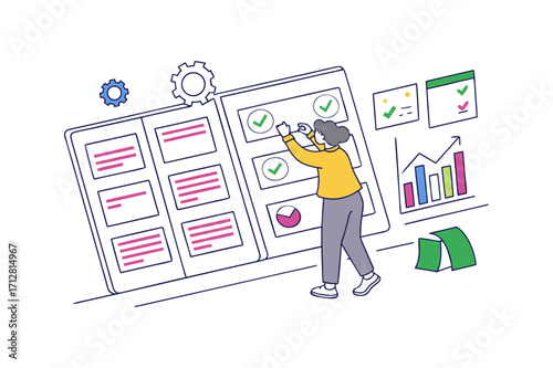 Woman organizing tasks on a digital board with charts