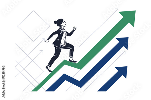 Woman running on upward trending graph arrows silhouette