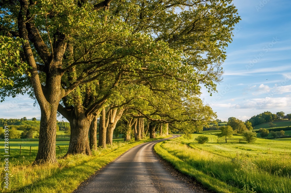 Obraz premium Peaceful rural path bordered by old trees