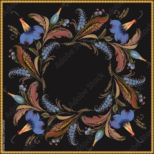 Vector floral pattern for Invitation, Greeting card, scarf. Fantasy flowers in golden frame on a black background