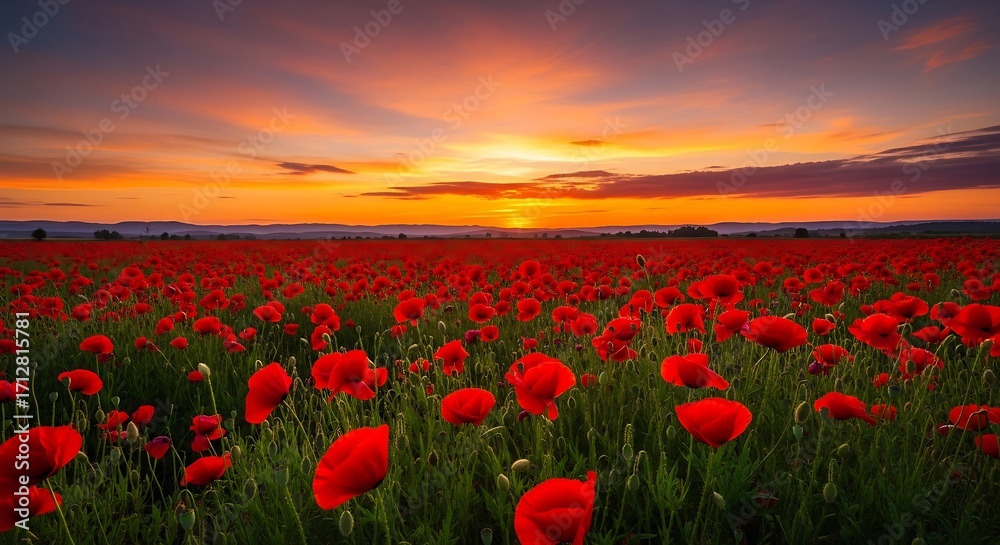 Fototapeta premium Vast field of red poppies at sunset with vibrant orange sky