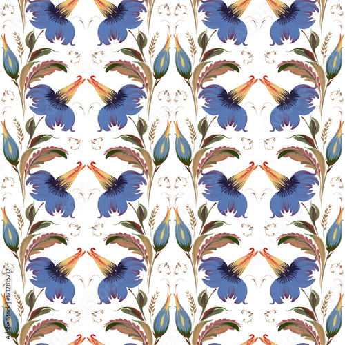 Vector damask seamless pattern of blue flowers and green leaves on a white background