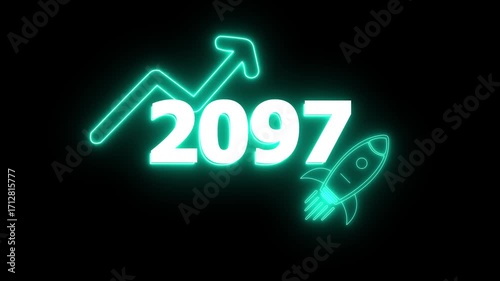 Wallpaper Mural Neon 2097 year with upward arrow graph and rocket ship icon on black background new year Glow Against Dark Jahreswechsel, Schrift mit Neonschein 4k video Background animation Torontodigital.ca