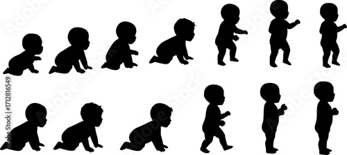 set of silhouettes of baby boy and girl grow up process. baby development, child growth stages. toddler milestones.