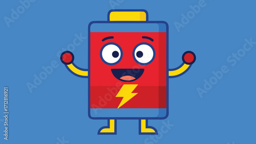 Cheerful Battery Cartoon Character with Lightning Bolt on a Blue Background