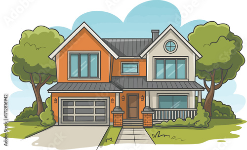 Cartoon illustration of a two-story suburban house with garage trees and lawn home residential
