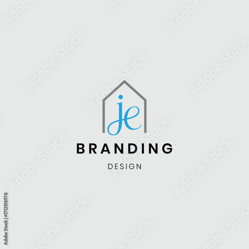 A logo combining a house and flat buildings with the initials “JE”, symbolizing real estate, property development, and modern living. Perfect for real estate agencies, housing projects, apartment comp
