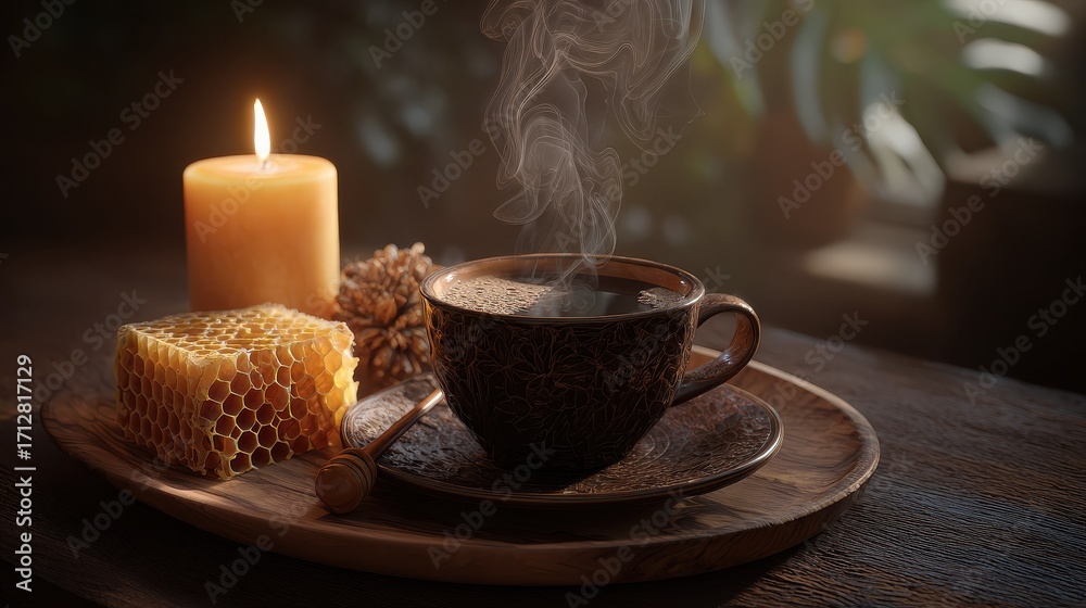 Fototapeta premium a cozy still life with steaming coffee honeycomb and candle creating a relaxing atmosphere providing a warm and inviting ambiance for a peaceful moment