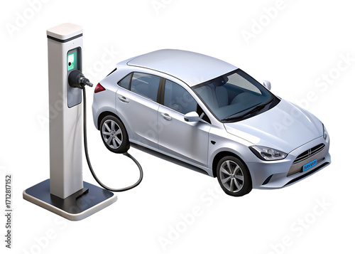 3D Modern EV Charging Station with Electric Car on White & Transparent Background