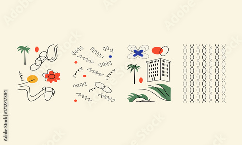 Hand-Drawn Abstract Poster Set Four Minimal Panels Modern Vector illustration, brutal geometric shapes, Lines on Beige Poster Collection, easily editable and scalable.