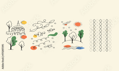 Hand-Drawn Abstract Poster Set Four Minimal Panels Modern Vector illustration, brutal geometric shapes, Lines on Beige Poster Collection, easily editable and scalable.