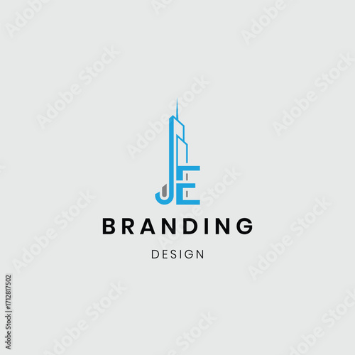 A logo combining a house and flat buildings with the initials “JE”, symbolizing real estate, property development, and modern living. Perfect for real estate agencies, housing projects, apartment comp