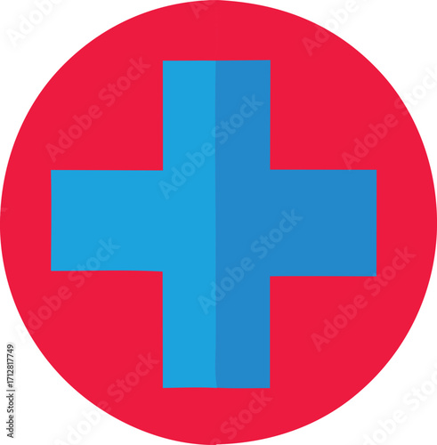 Blue plus sign centered within a red circle medical symbol isolated graphic healthcare emergency care first aid icon