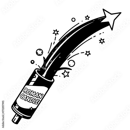 A black and white graphic illustration of a Roman candle firework launching a sparkling arcing star trail.