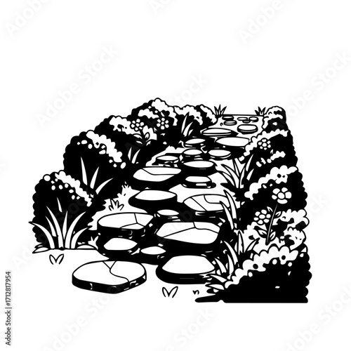 A black and white graphic illustration of a winding stepping stone path through a lush overgrown garden.