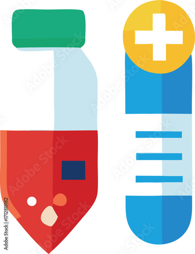 Medical test tubes with blood and plus sign icon representing healthcare laboratory analysis and diagnostics