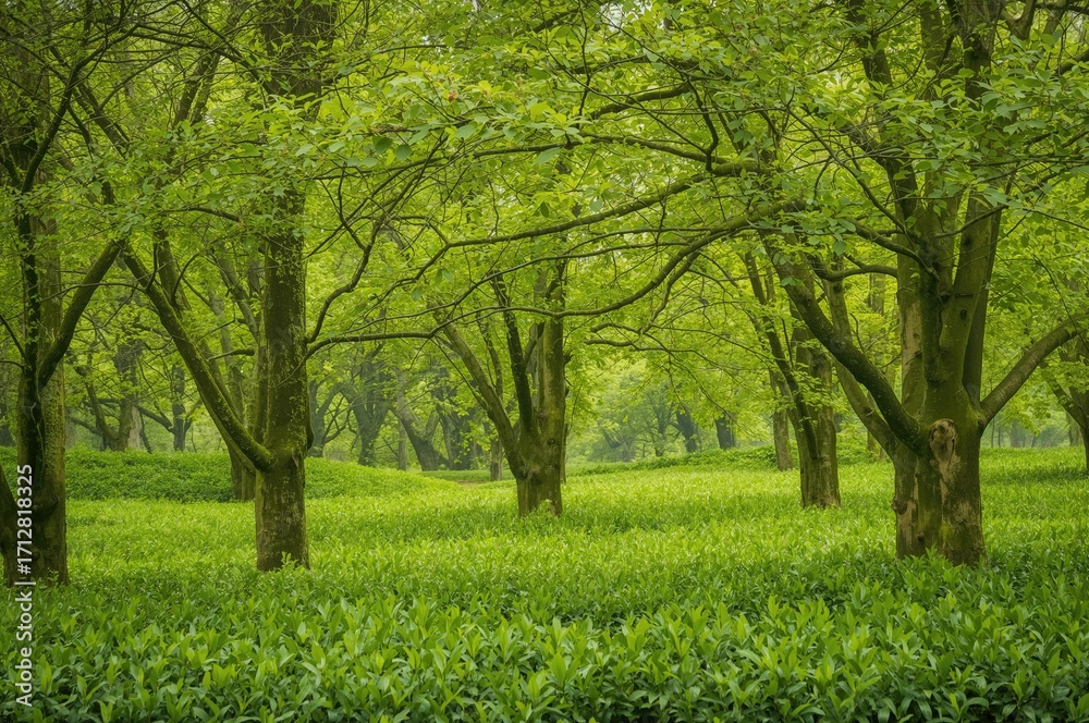 Fototapeta premium During spring, lush green trees flourish with leaves, highlighting the vibrant natural scenery.